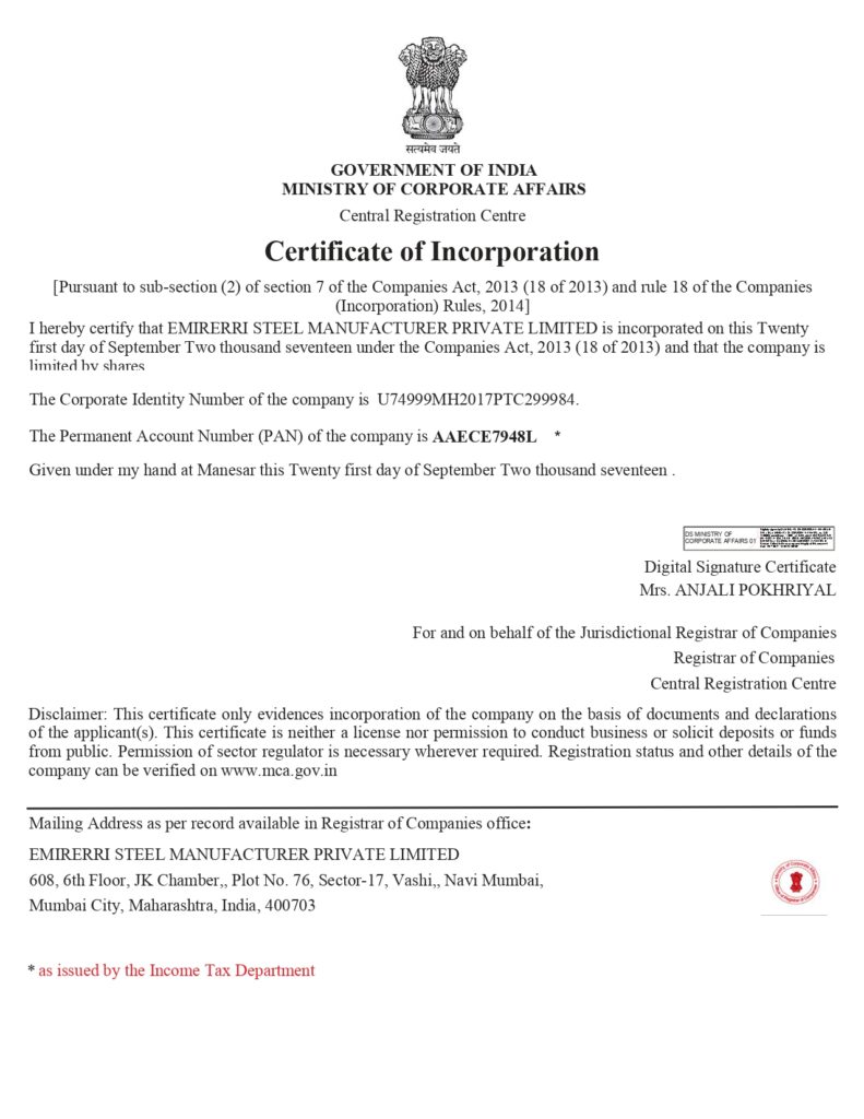 Incorporation Certificate